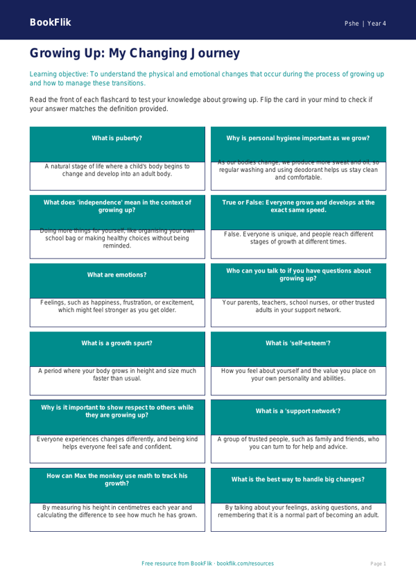 Free Growing Up Flashcards | Grade 3 | Health & Wellness | BookFlik worksheet preview — Pshe Growing Up