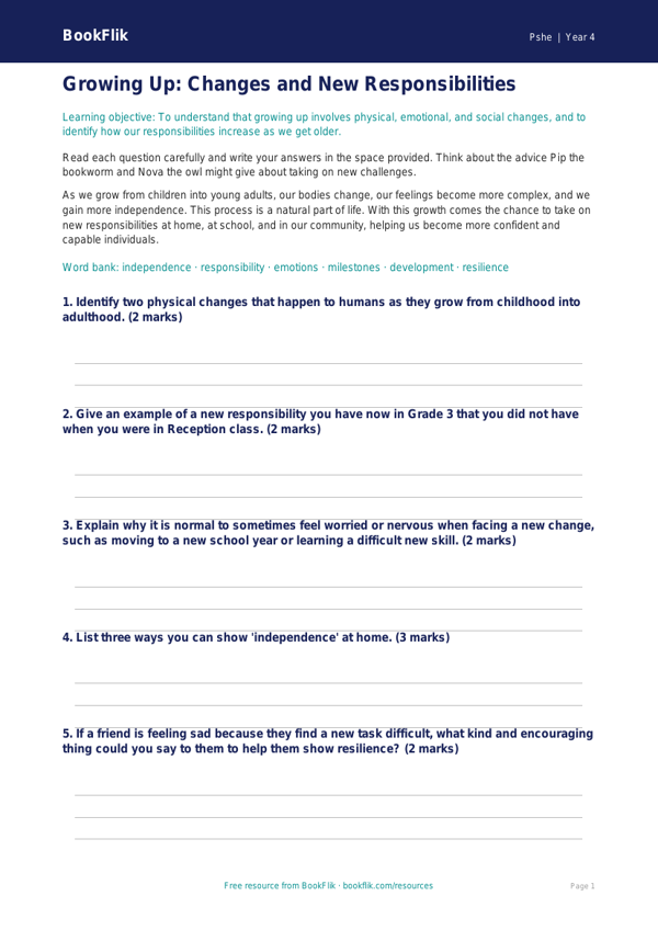 Free Growing Up Worksheet | Grade 3 | Health & Wellness | BookFlik worksheet preview — Pshe Growing Up