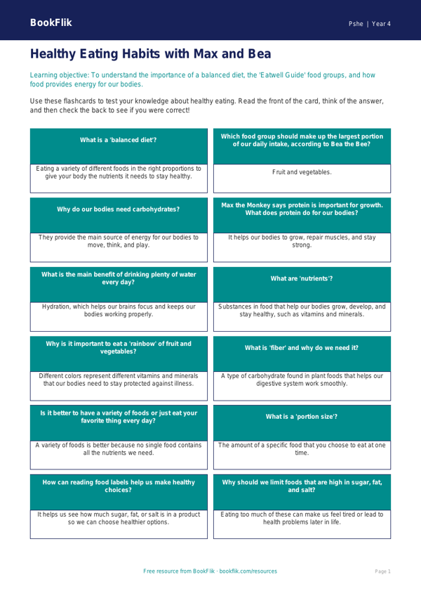 Free Healthy Eating Flashcards | Grade 3 | Health & Wellness | BookFlik worksheet preview — Pshe Healthy Eating