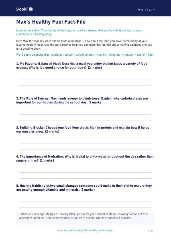 Free Healthy Eating Template | Grade 3 | Health & Wellness | BookFlik worksheet preview — Pshe Healthy Eating