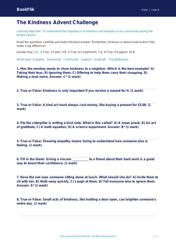 Free Kindness Advent Quiz | Grade 3 | Health & Wellness | BookFlik worksheet preview — Pshe Kindness Advent