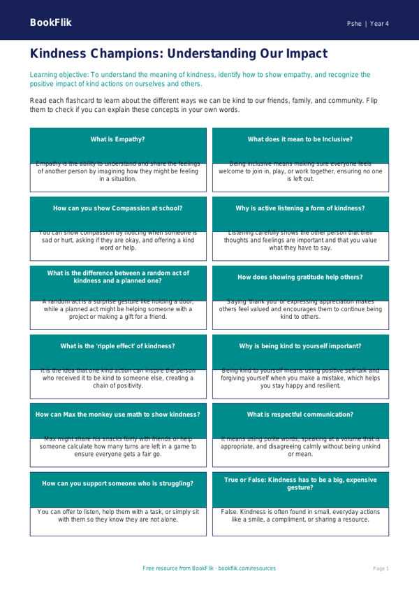 Free Kindness Flashcards | Grade 3 | Health & Wellness | BookFlik worksheet preview — Pshe Kindness