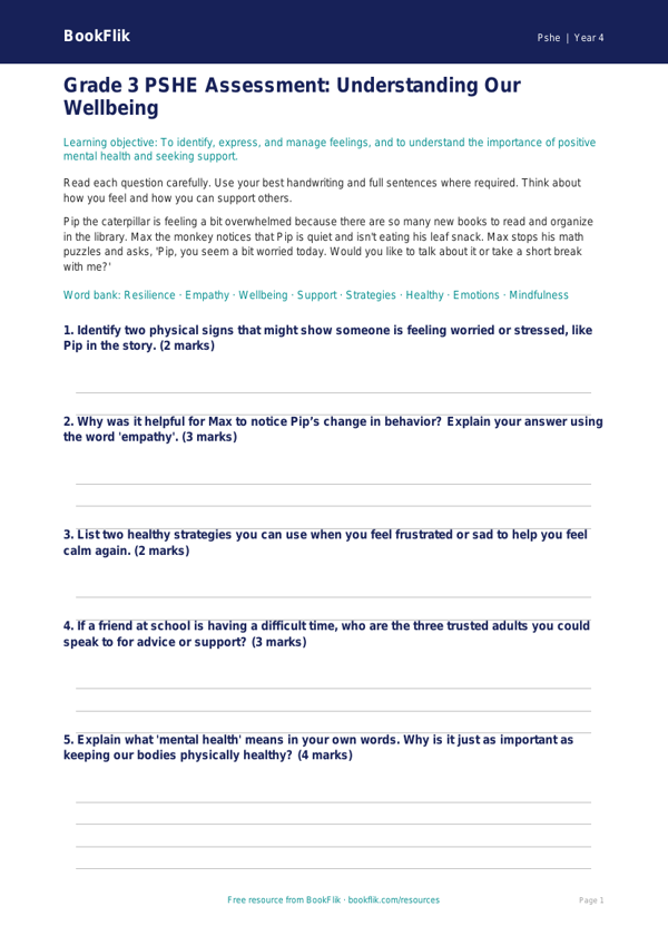 Understanding Mental Health | Free Grade 3 Health & Wellness Resource | BookFlik worksheet preview — Pshe Mental Health