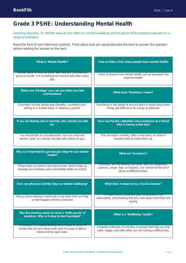 Free Mental Health Flashcards for Kids | Grade 3 | Health & Wellness | BookFlik worksheet preview — Pshe Mental Health