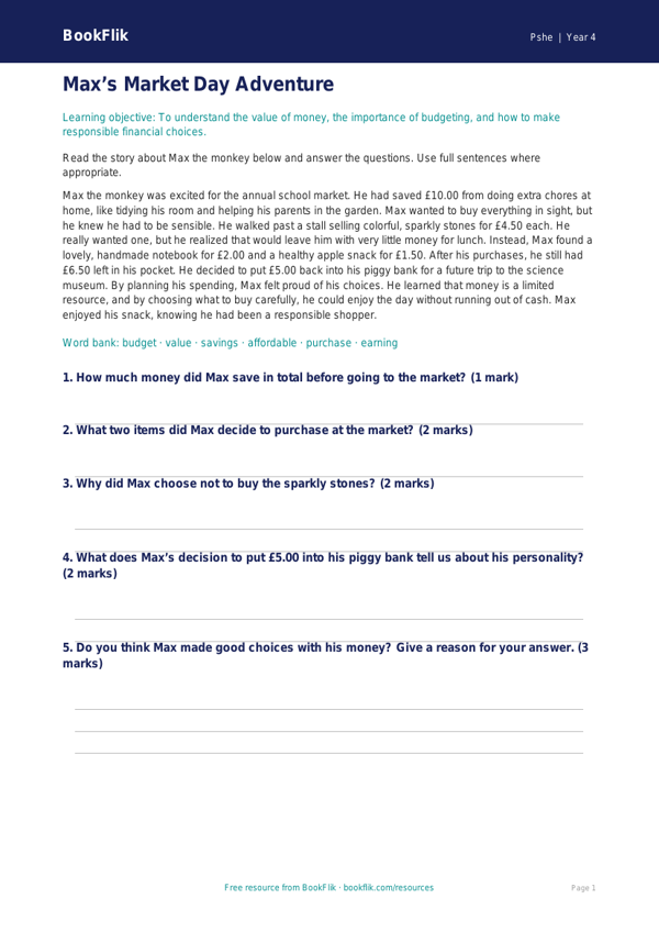 Free Money Comprehension | Grade 3 | Health & Wellness | BookFlik worksheet preview — Pshe Money
