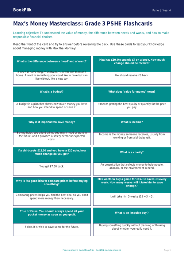 Money Math & Healthy Habits | Grade 3 Flashcards | BookFlik worksheet preview — Pshe Money