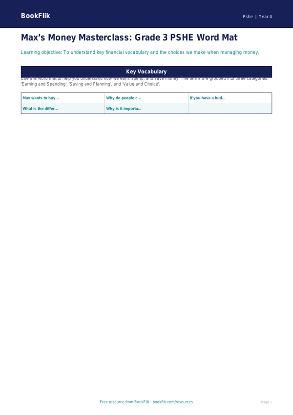 Free Money Word Mat | Grade 3 | Health & Wellness | BookFlik worksheet preview — Pshe Money