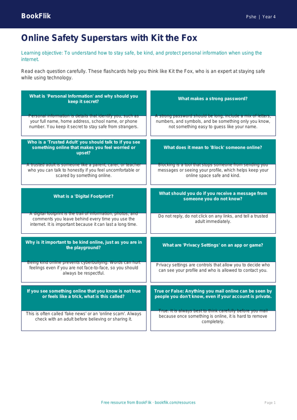 Free Online Safety Flashcards | Grade 3 | Health & Wellness | BookFlik worksheet preview — Pshe Online Safety