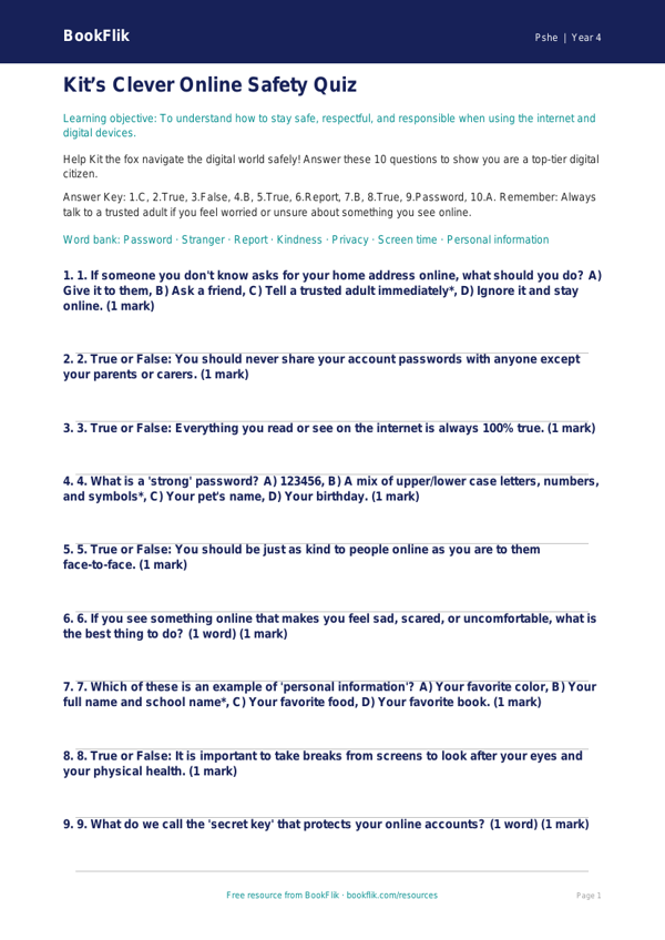 Free Online Safety Quiz | Grade 3 | Health & Wellness | BookFlik worksheet preview — Pshe Online Safety