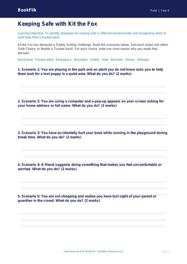 Free Personal Safety Activity Sheet for Grade 3 Students | BookFlik worksheet preview — Pshe Personal Safety
