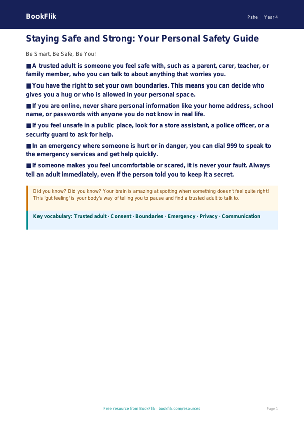 Free Personal Safety Poster for Grade 3 Students | BookFlik worksheet preview — Pshe Personal Safety