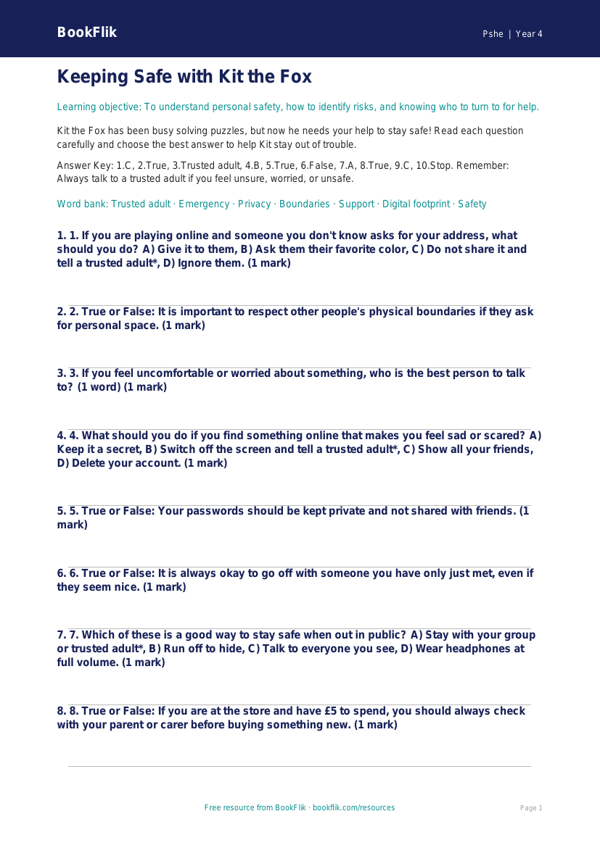 Free Personal Safety Quiz for Grade 3 Students | BookFlik worksheet preview — Pshe Personal Safety