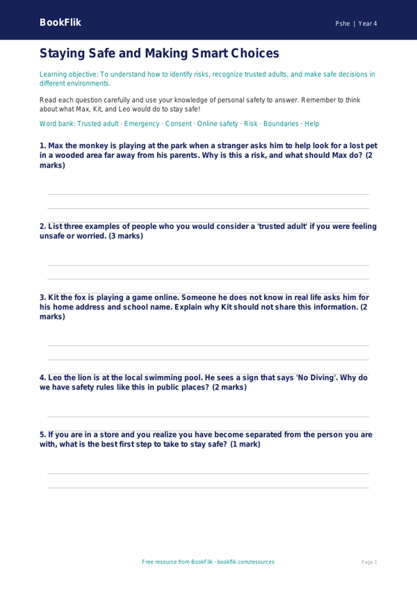 Free Personal Safety Worksheet for Grade 3 | BookFlik Health & Wellness worksheet preview — Pshe Personal Safety