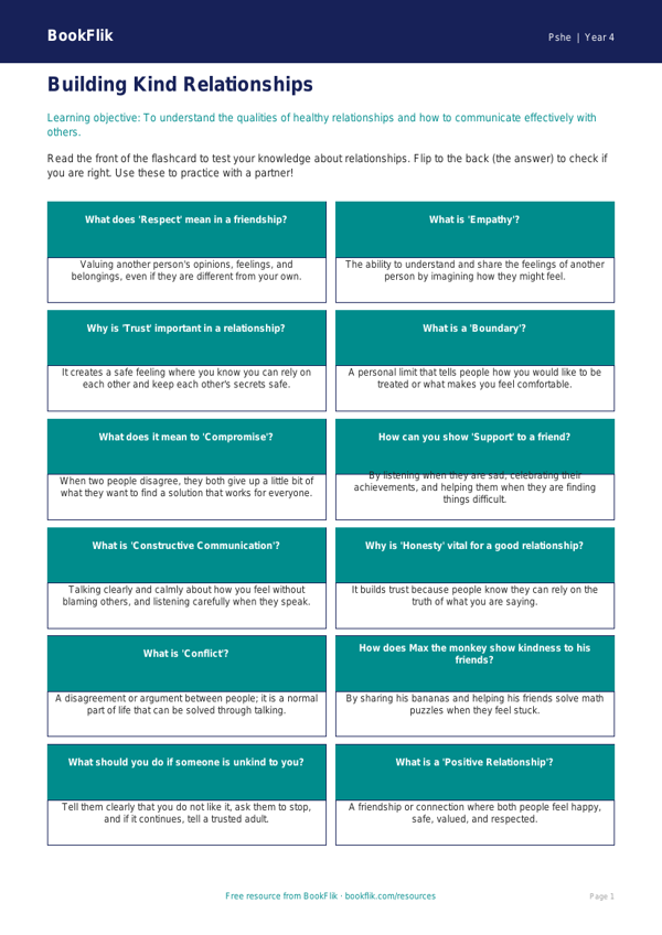 Free Relationships Flashcards | Grade 3 | Health & Wellness | BookFlik worksheet preview — Pshe Relationships