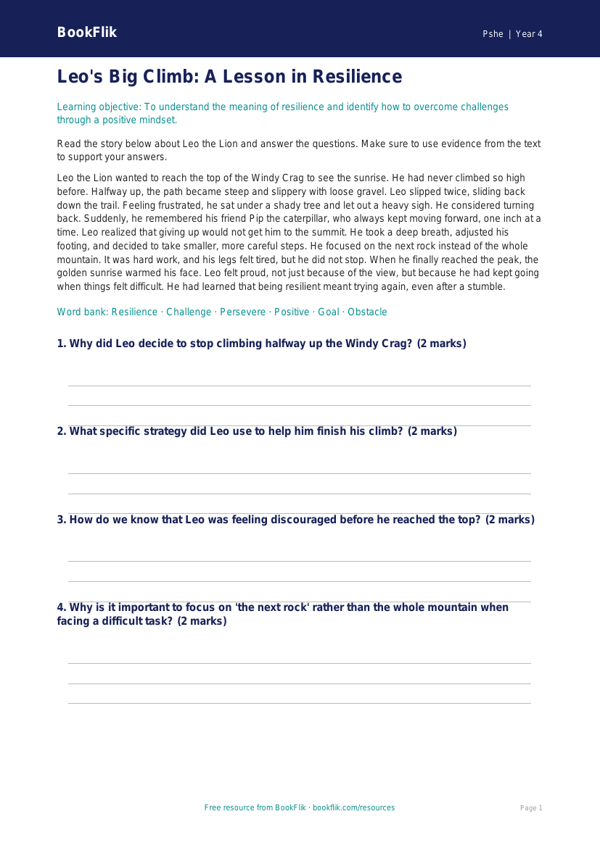 Free Resilience Comprehension | Grade 3 | Health & Wellness | BookFlik worksheet preview — Pshe Resilience