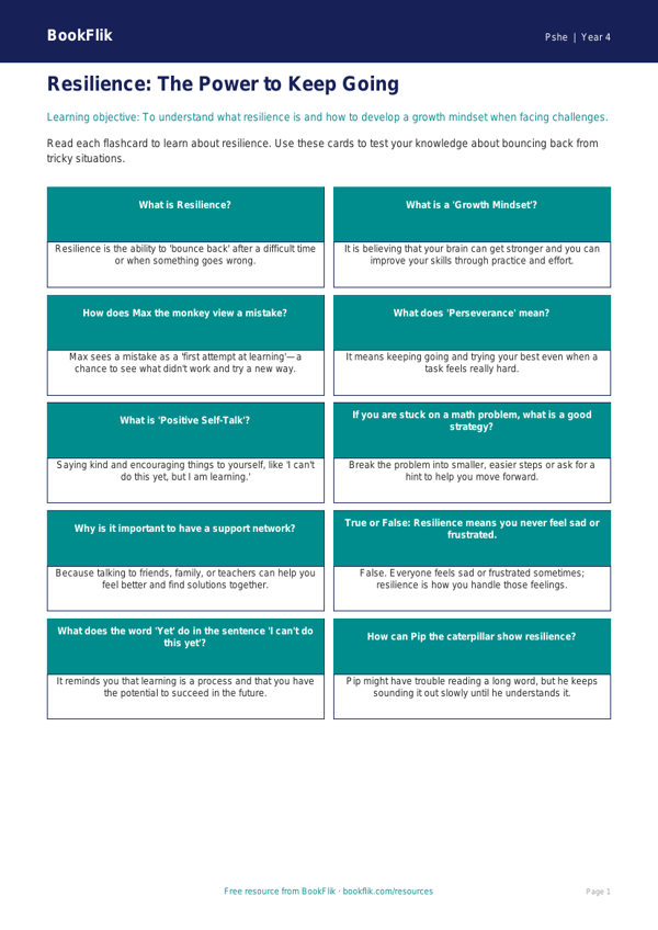 Free Resilience Flashcards | Grade 3 | Health & Wellness | BookFlik worksheet preview — Pshe Resilience