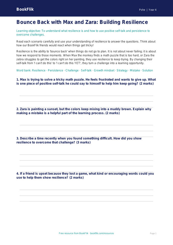 Free Resilience Worksheet | Grade 3 | Health & Wellness | BookFlik worksheet preview — Pshe Resilience