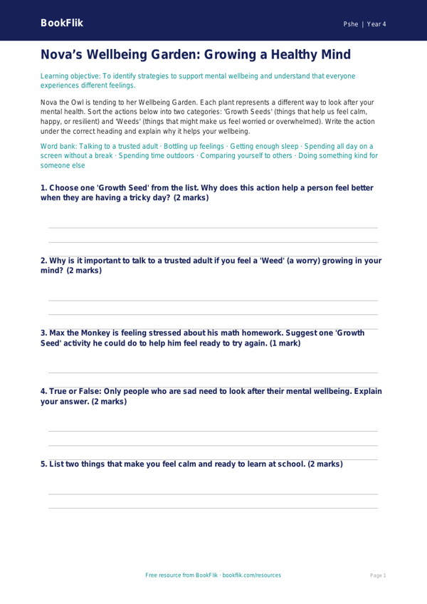 Free Wellbeing Activity Sheet for Grade 3 Students | BookFlik worksheet preview — Pshe Wellbeing