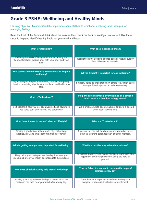 Free Wellbeing Flashcards for Grade 3 Students | BookFlik worksheet preview — Pshe Wellbeing