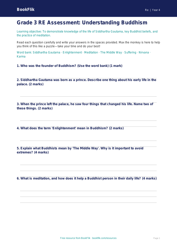 Free Buddhism Assessment | Grade 3 | Social Studies | BookFlik worksheet preview — Re Buddhism