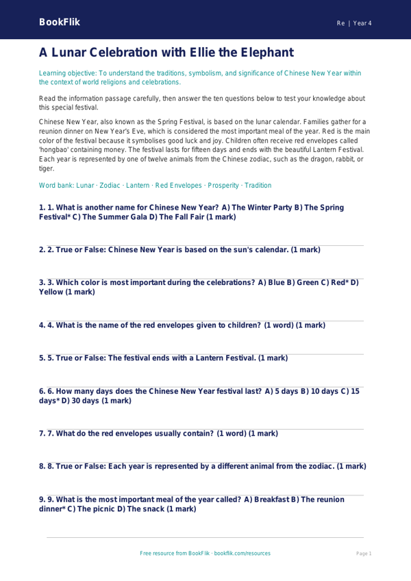 Free Chinese New Year Quiz | Grade 3 | Social Studies | BookFlik worksheet preview — Re Chinese New Year