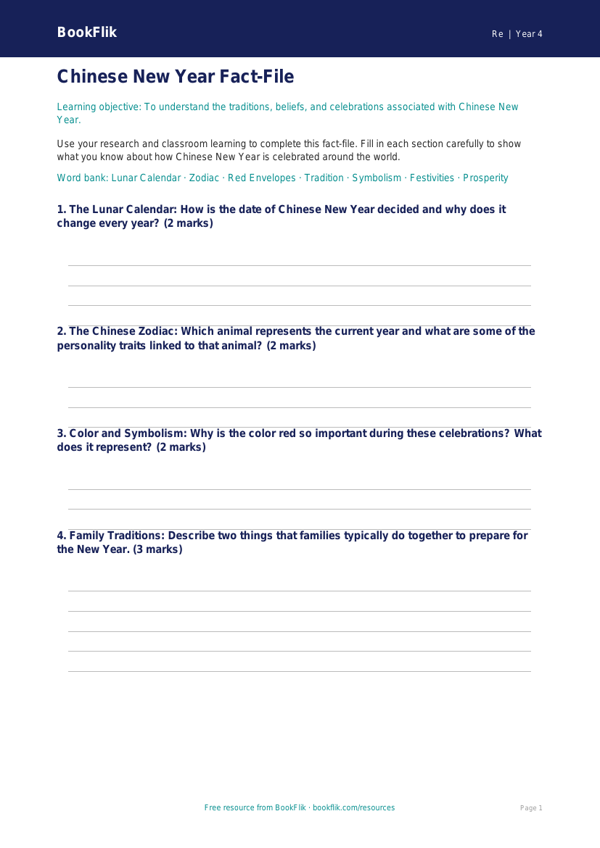 Free Chinese New Year Template | Grade 3 | Social Studies | BookFlik worksheet preview — Re Chinese New Year
