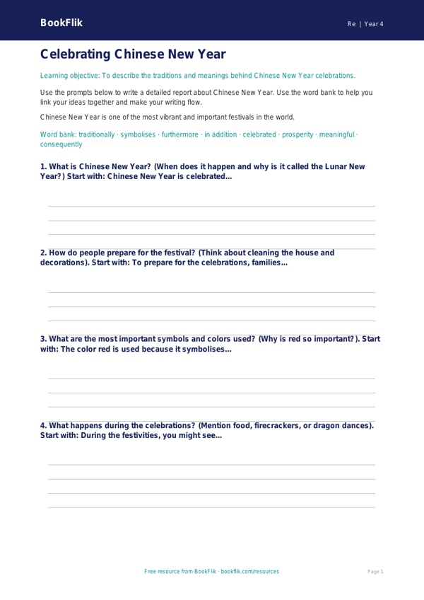 Free Chinese New Year Writing Frame | Grade 3 | Social Studies | BookFlik worksheet preview — Re Chinese New Year
