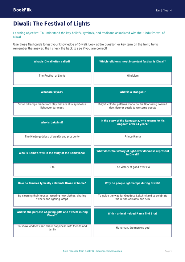 Free Diwali Flashcards | Grade 3 | Social Studies | BookFlik worksheet preview — Re Diwali