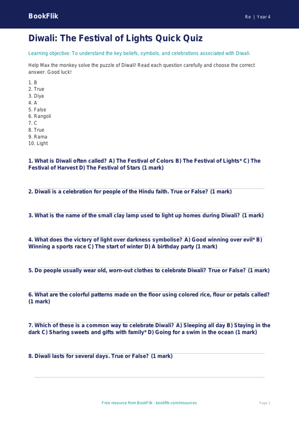 Free Diwali Quiz | Grade 3 | Social Studies | BookFlik worksheet preview — Re Diwali