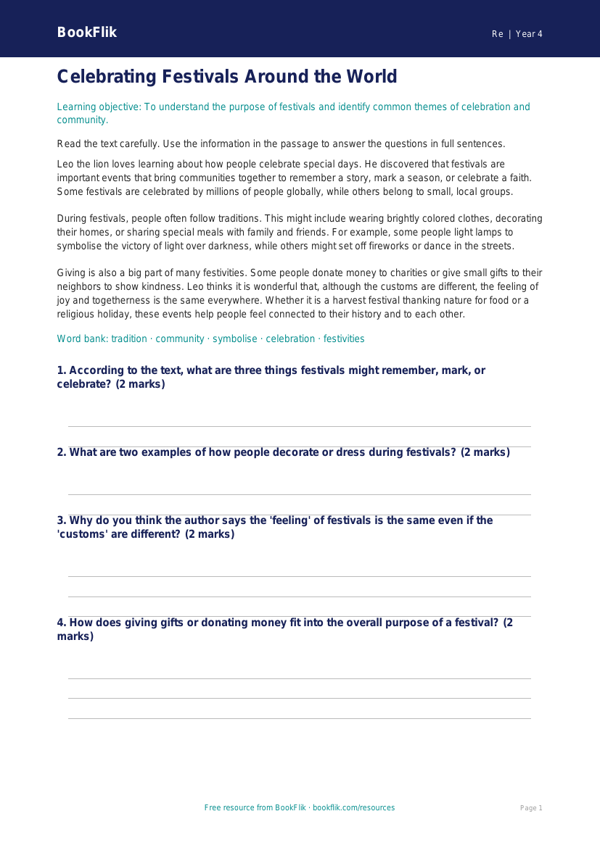 Free Festivals Comprehension | Grade 3 | Social Studies | BookFlik worksheet preview — Re Festivals