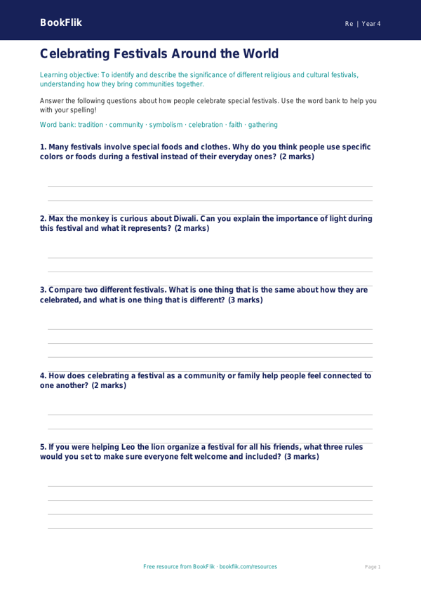 Free Festivals Worksheet | Grade 3 | Social Studies | BookFlik worksheet preview — Re Festivals