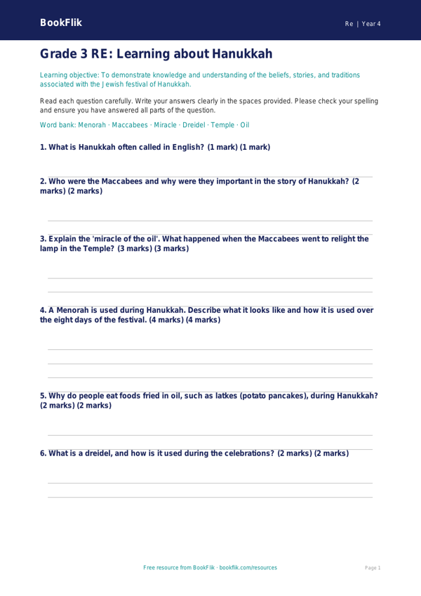 Free Hanukkah Assessment | Grade 3 | Social Studies | BookFlik worksheet preview — Re Hanukkah