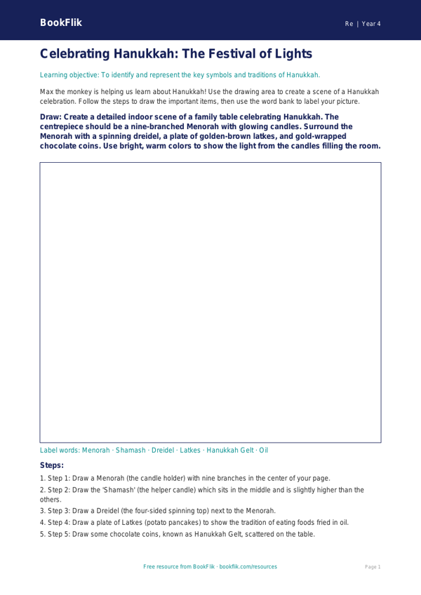 Free Hanukkah Drawing Sheet | Grade 3 | Social Studies | BookFlik worksheet preview — Re Hanukkah