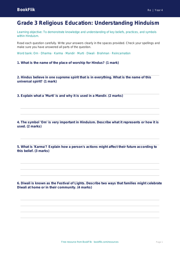 Free Hinduism Assessment | Grade 3 | Social Studies | BookFlik worksheet preview — Re Hinduism