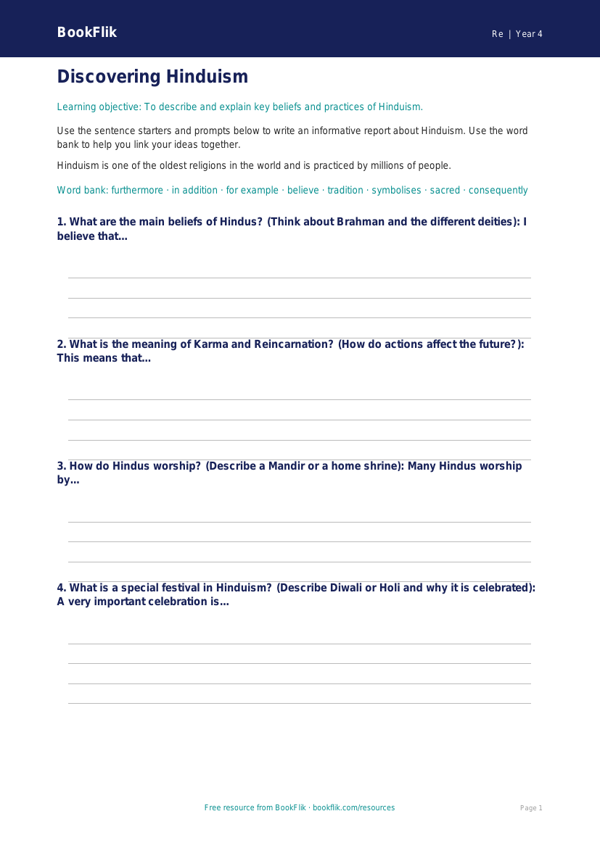 Free Hinduism Writing Frame | Grade 3 | Social Studies | BookFlik worksheet preview — Re Hinduism