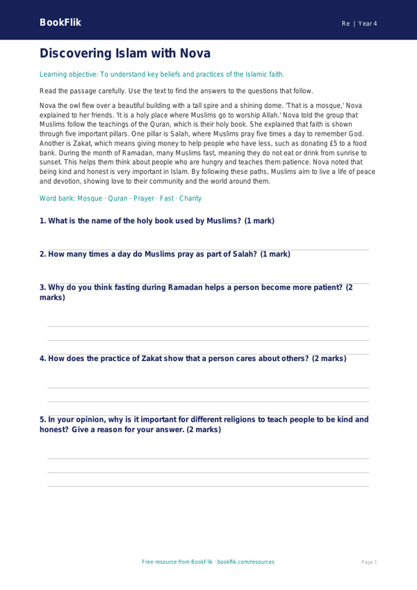 Free Islam Comprehension | Grade 3 | Social Studies | BookFlik worksheet preview — Re Islam