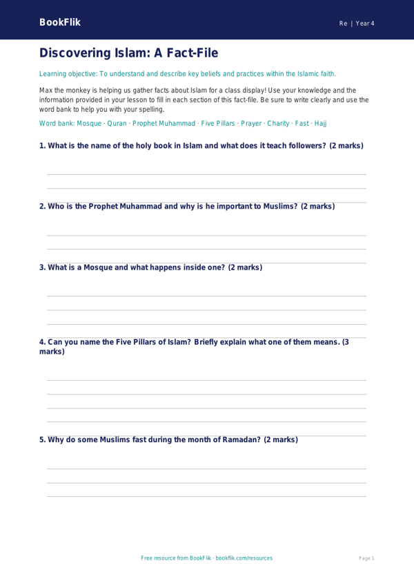 Free Islam Template | Grade 3 | Social Studies | BookFlik worksheet preview — Re Islam