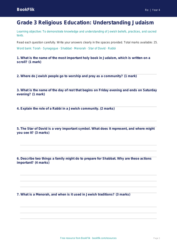 Free Judaism Assessment | Grade 3 | Social Studies | BookFlik worksheet preview — Re Judaism