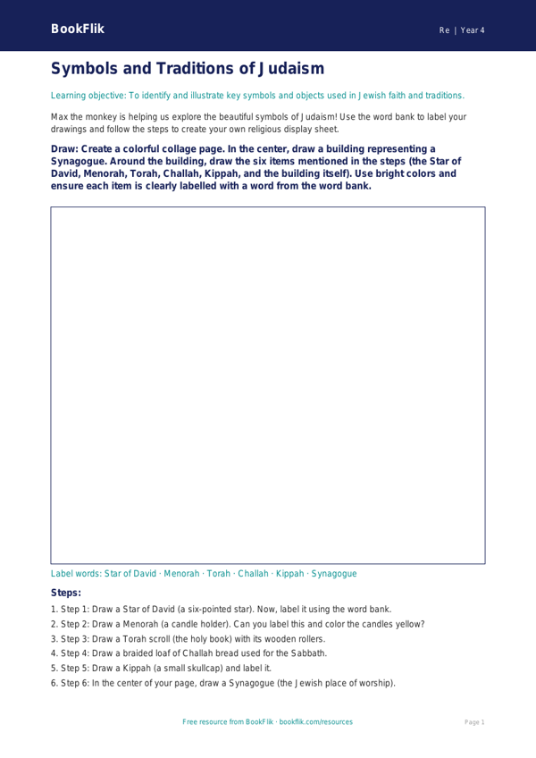 Free Judaism Drawing Sheet | Grade 3 | Social Studies | BookFlik worksheet preview — Re Judaism