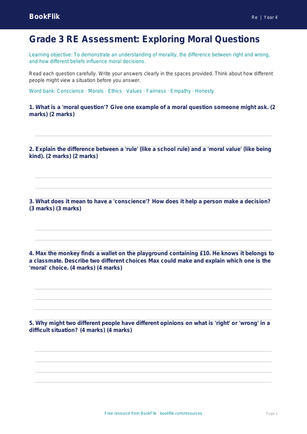 Free Moral Questions Assessment | Grade 3 | Social Studies | BookFlik worksheet preview — Re Moral Questions