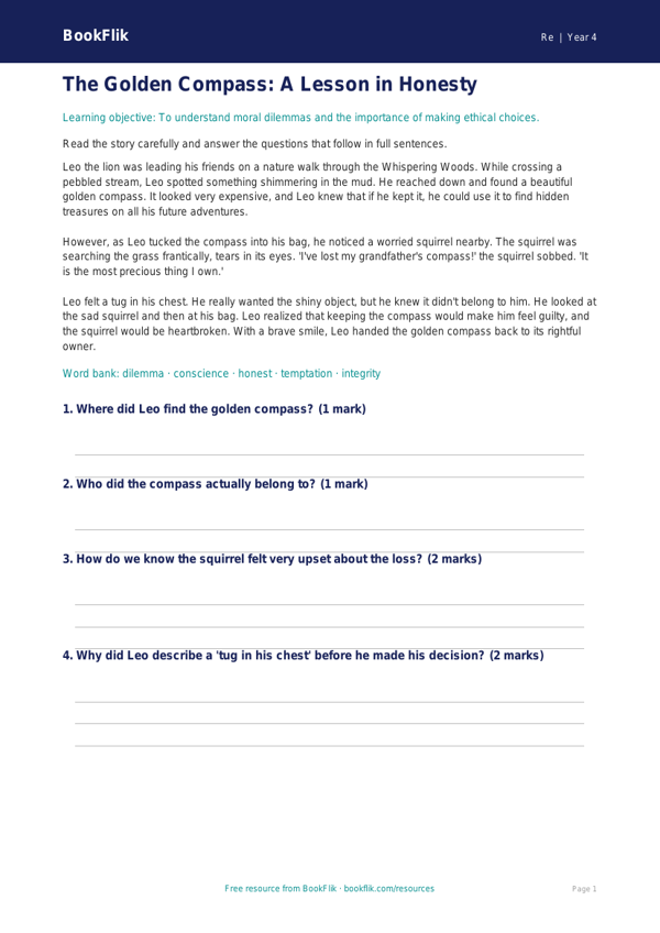 Free Moral Questions Comprehension | Grade 3 | Social Studies | BookFlik worksheet preview — Re Moral Questions