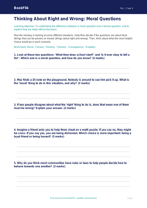 Free Moral Questions Worksheet | Grade 3 | Social Studies | BookFlik worksheet preview — Re Moral Questions