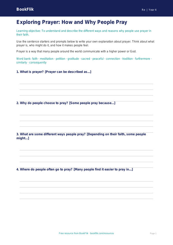 Free Prayer Writing Frame | Grade 3 | Social Studies | BookFlik worksheet preview — Re Prayer