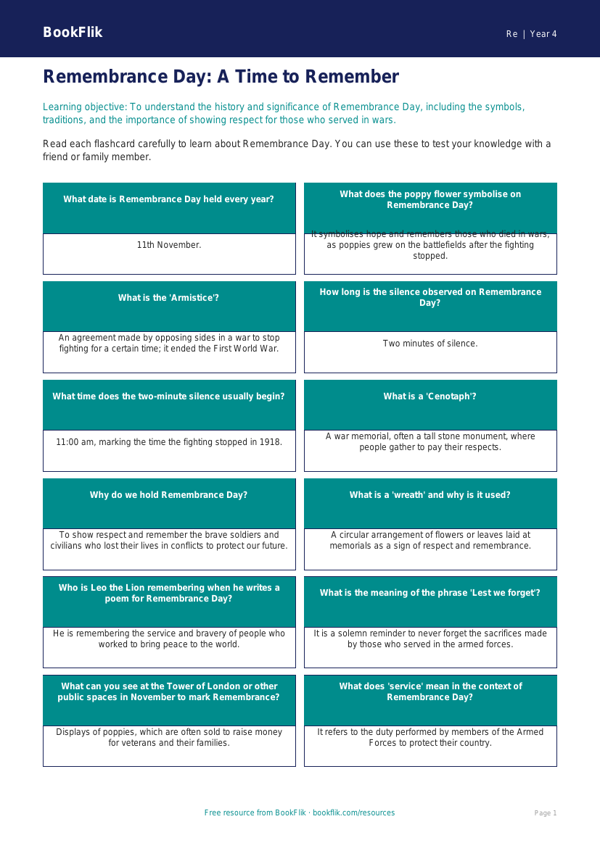 Free Remembrance Day Flashcards | Grade 3 | Social Studies | BookFlik worksheet preview — Re Remembrance Day