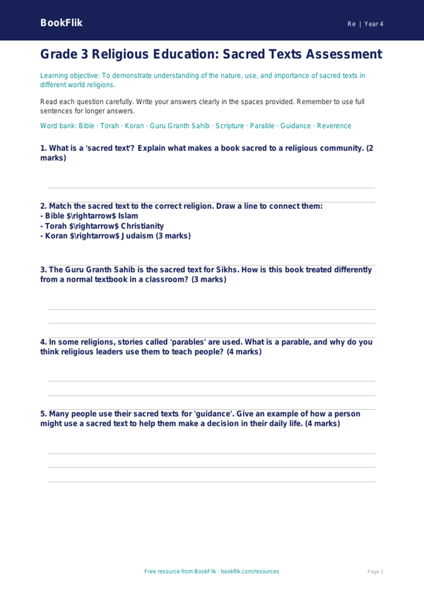 Sacred Texts Assessment Grade 3 | Social Studies | BookFlik worksheet preview — Re Sacred Texts