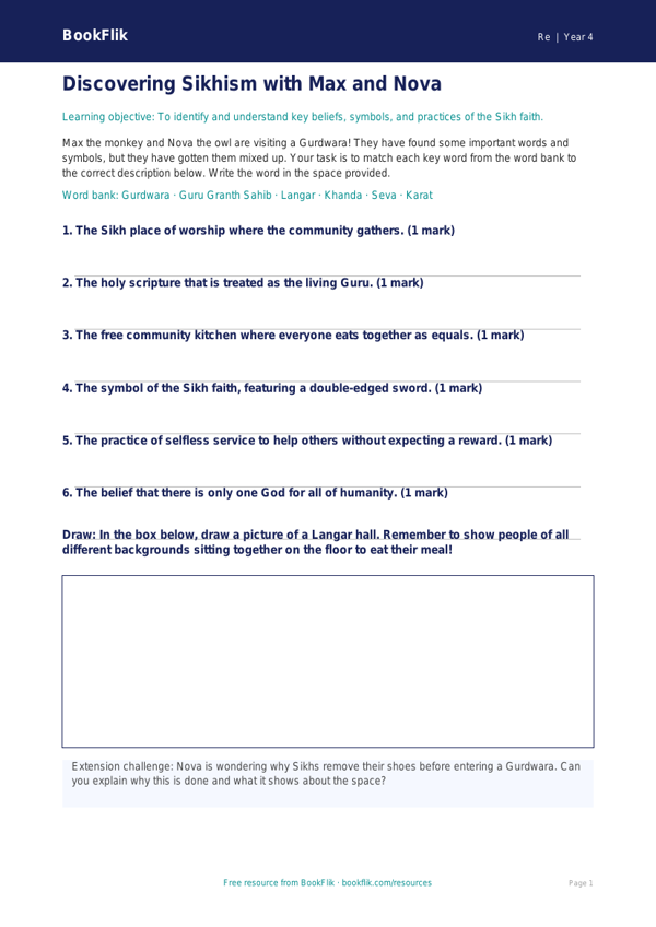 Free Sikhism Activity Sheet | Grade 3 | Social Studies | BookFlik worksheet preview — Re Sikhism