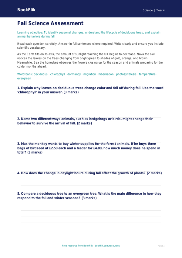 Free Autumn Science Assessment | Grade 3 | Science | BookFlik worksheet preview — Science Autumn Science