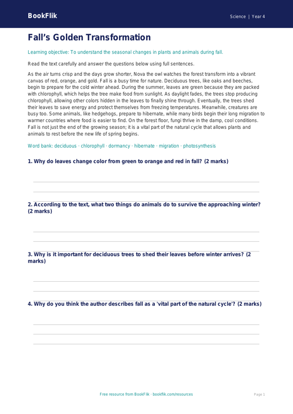 Science autumn science comprehension grade 3 core worksheet preview — Science Autumn Science