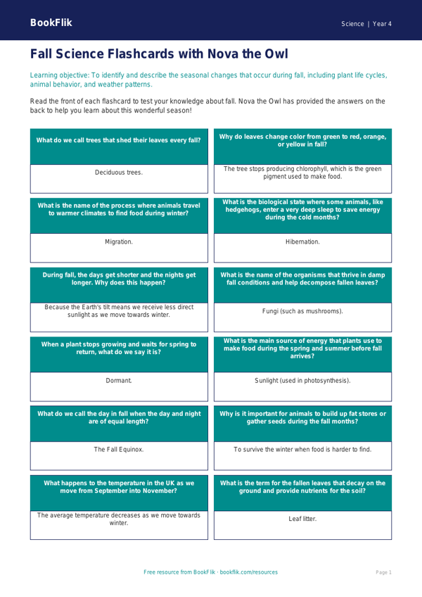 Science autumn science flashcards grade 3 core worksheet preview — Science Autumn Science