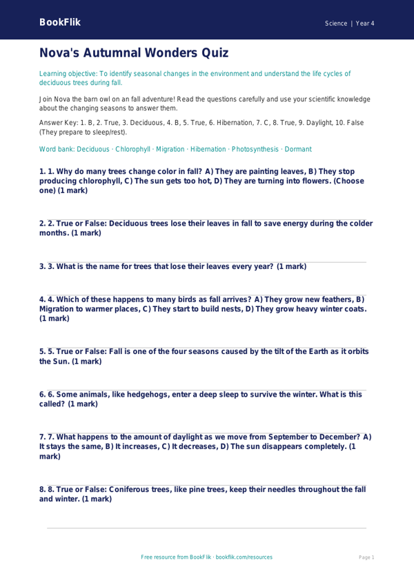 Science autumn science quiz grade 3 core worksheet preview — Science Autumn Science
